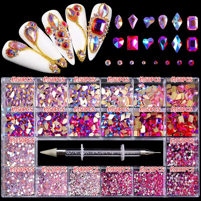 480pcs Nail Rhinestone Set – 21 Grid Mixed Diamond Gems
