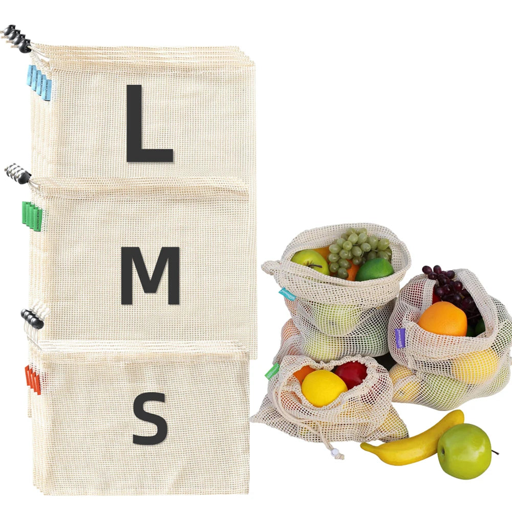 3-Pack Reusable Cotton Mesh Produce Bags with Drawstring