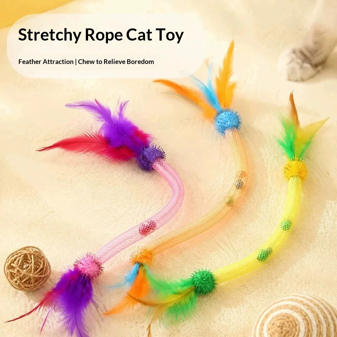 Elastic Mesh Tube Cat Toy – Feather Teaser Wand & Catnip Bell