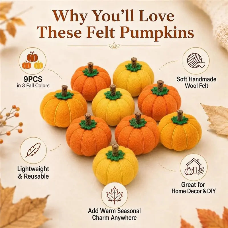 12-Pack Wool Felt Mini Pumpkins – Fall & Thanksgiving Décor