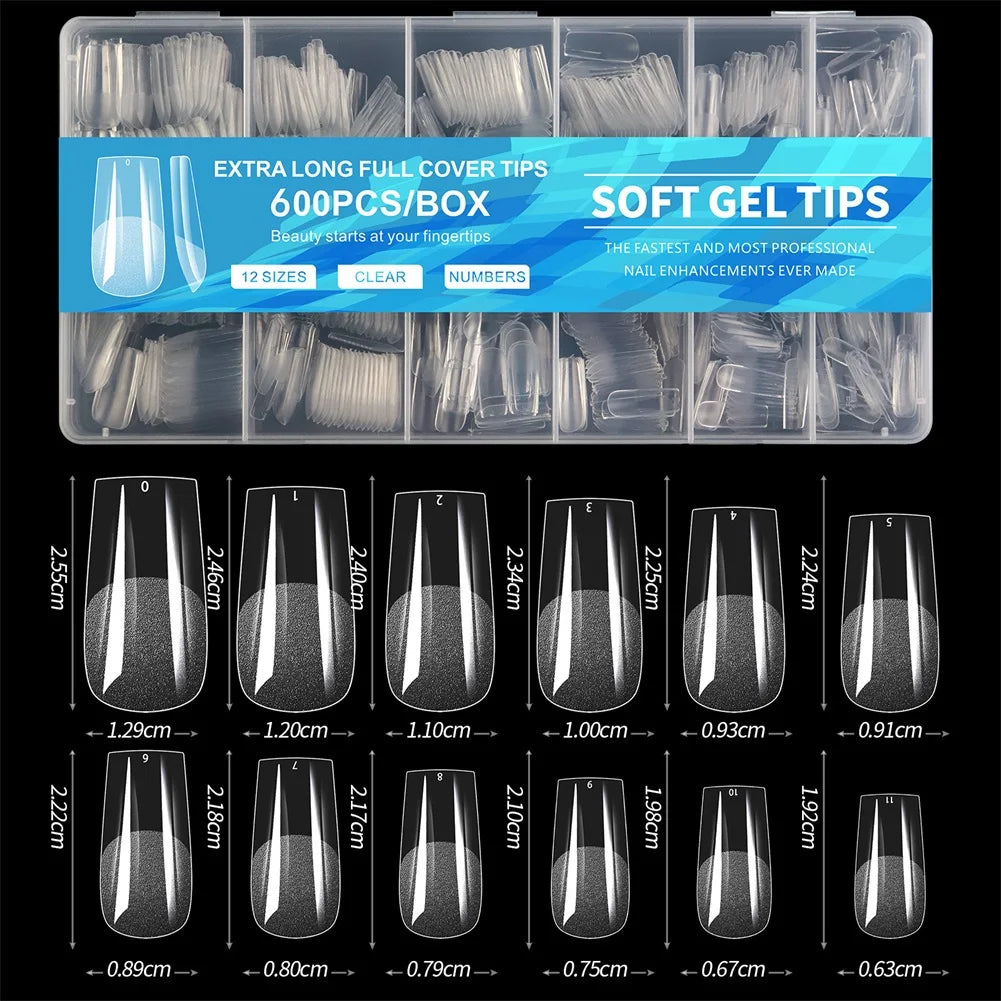 Aleekit 600pcs Soft Gel Coffin Nail Tips – 12 Sizes, Pre-Etched