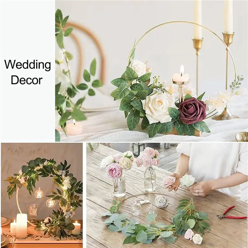 12" Gold Metal Floral Hoop Centerpiece Set – 18 Rings + Wood Stands