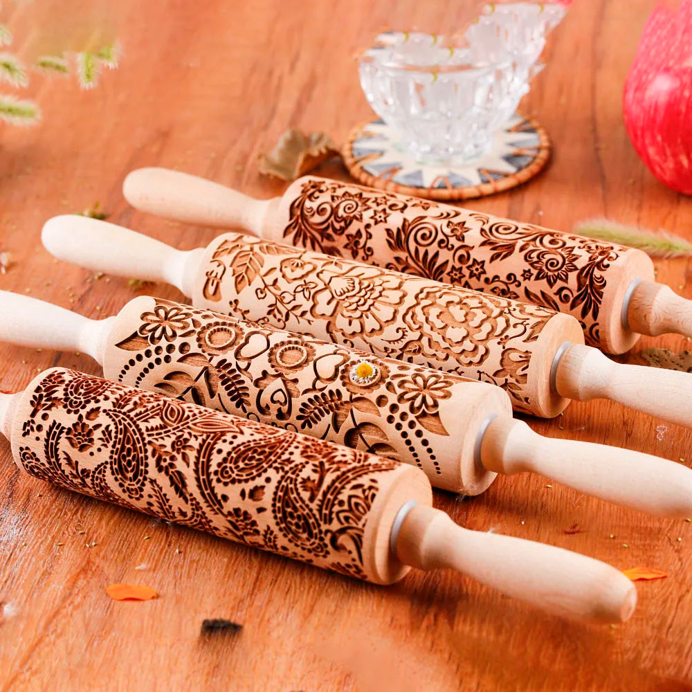 Wooden Embossed Rolling Pin Sunflower Pattern – Baking Cookie Stamp