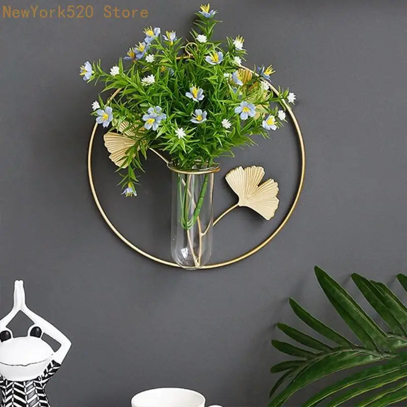Wall Hanging Geometric Glass Vase with Gold Metal Frame Planter