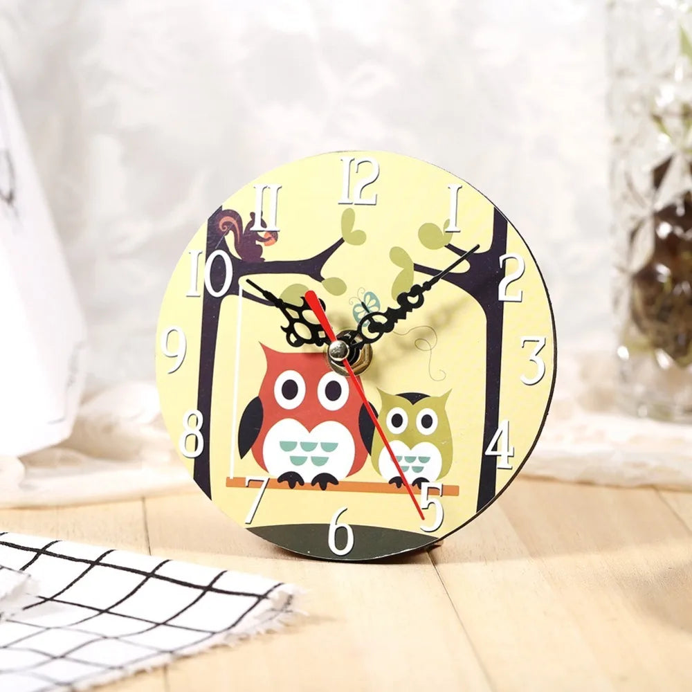 Wooden Owl Wall Clock 4.72in Round Quartz Desk & Wall Clock