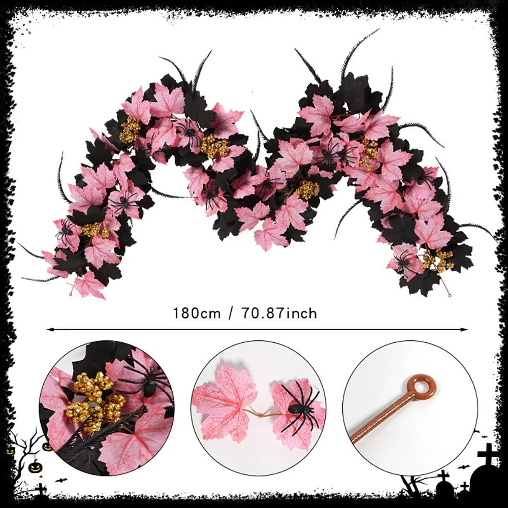Halloween Maple Leaf Garland – Silk Faux Leaves & Gold Berries