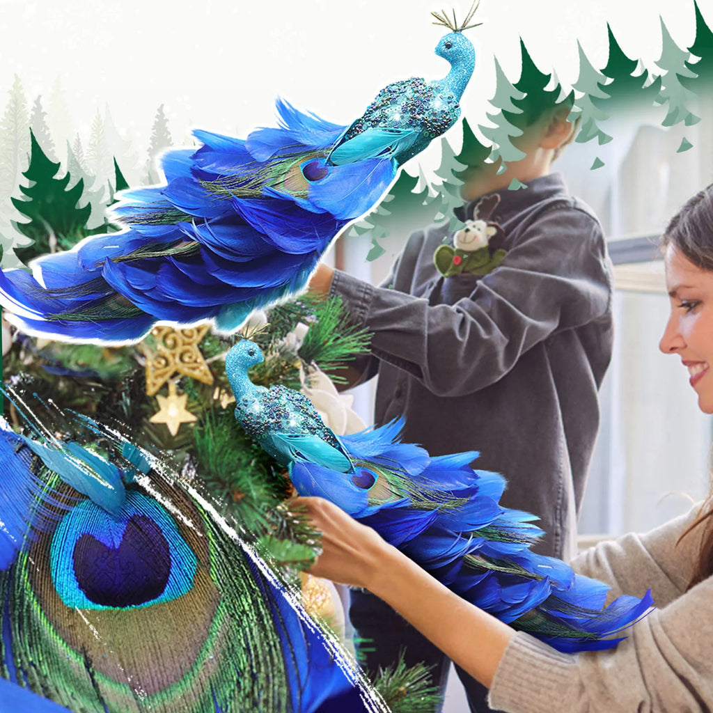 Glitter Blue Peacock Ornament Real Tail Feather Clip-On Decor