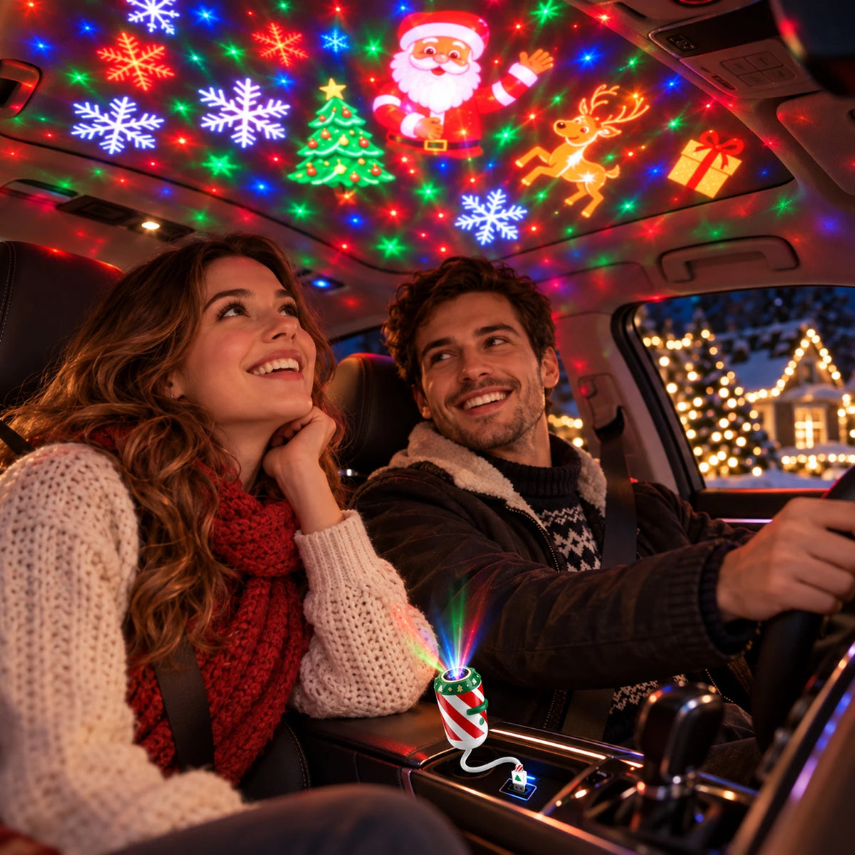Christmas Car Projector Lamp – LED Santa & Snowflake Light