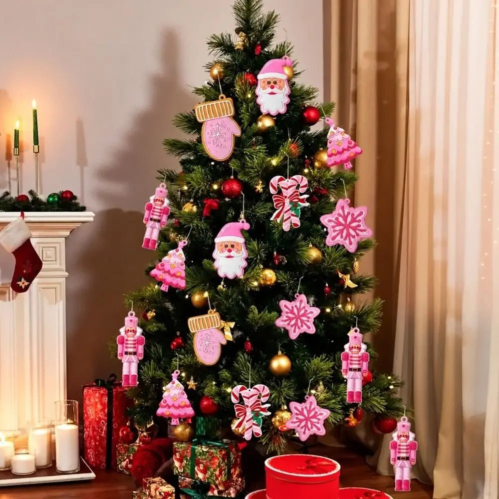 16-Pc Pink Christmas Tree Ornaments – Snowflake Nutcracker Candy
