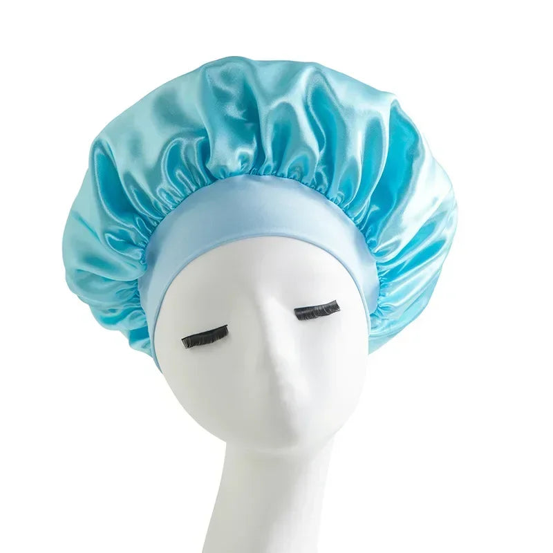 Satin Nightcap Wide-Brim Sleep Cap with Elasticated Band