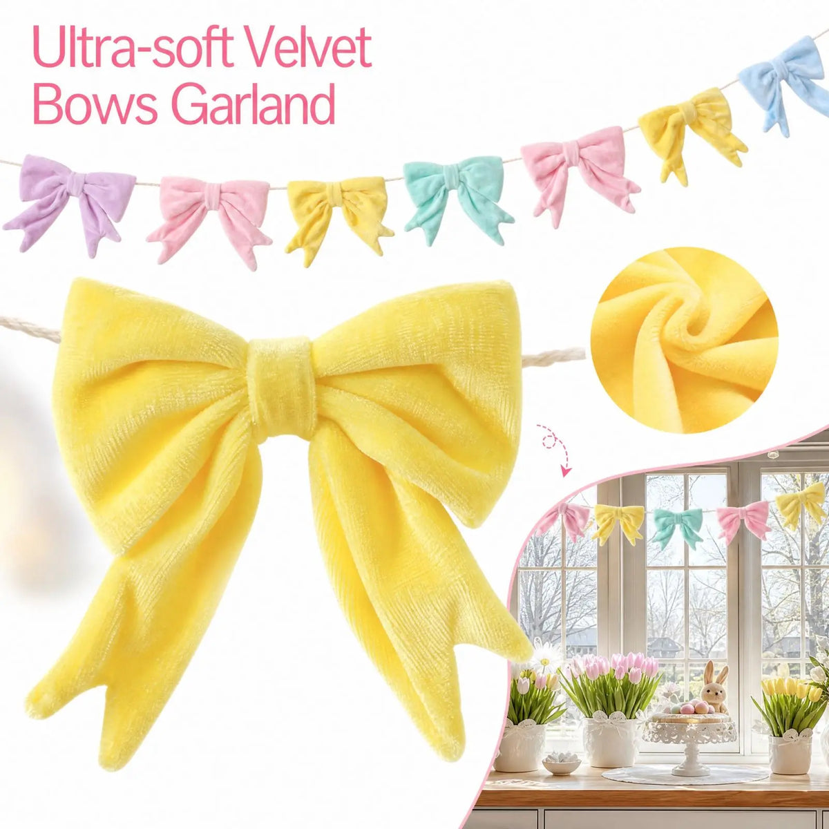 Velvet Bow Garland 6.5 Ft Colorful Party Banner Decoration