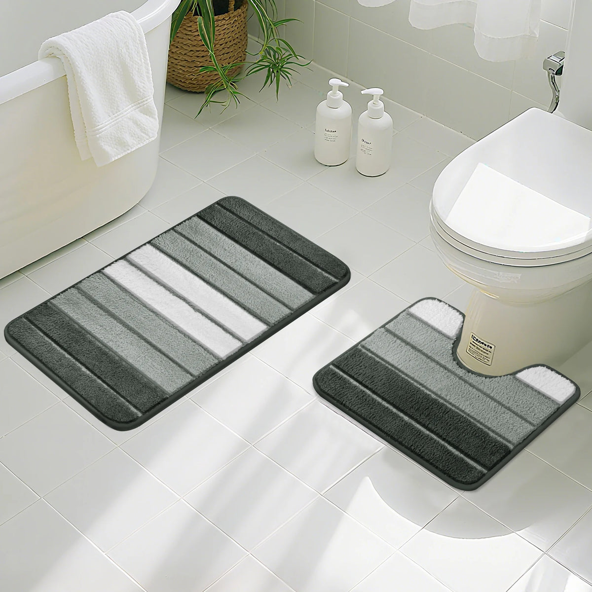 Striped Microfiber Bath Mat Set – Non-Slip Absorbent Shower Rugs