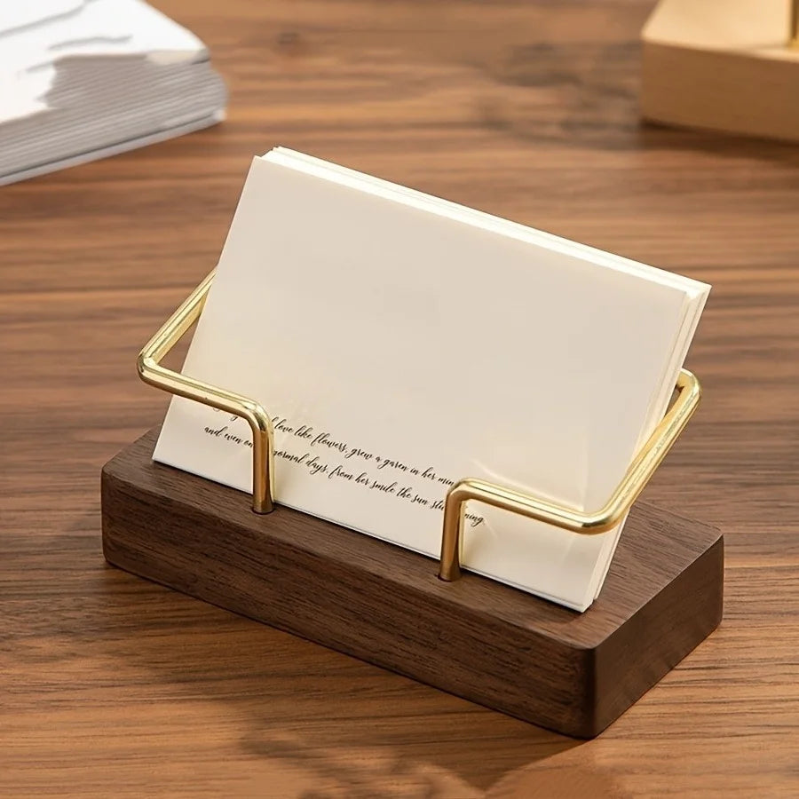 Wood & Gold Metal Business Card Holder Desk Display Stand