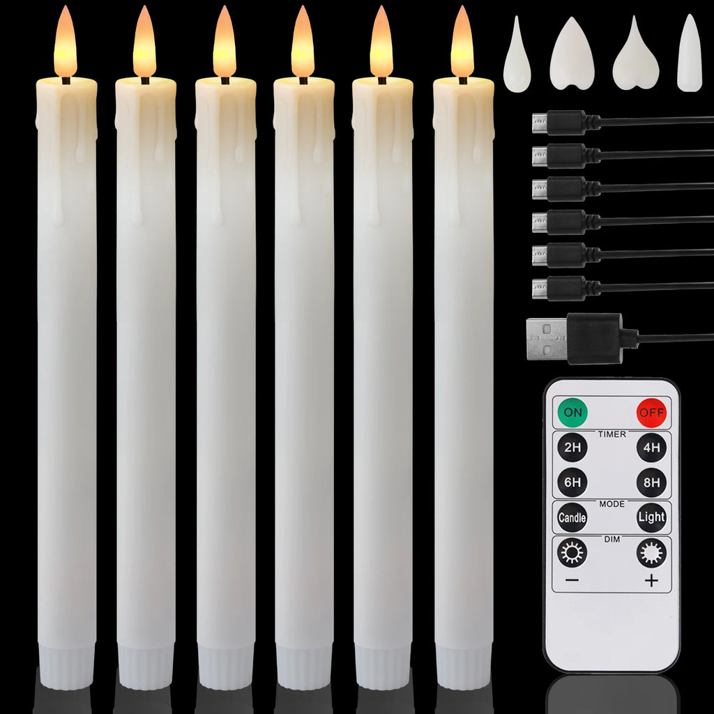 Flameless LED Taper Candles Remote 6-Pack Rechargeable 9.6"