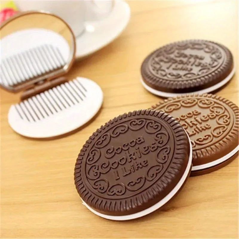 Chocolate Biscuit Folding Pocket Makeup Mirror with Comb