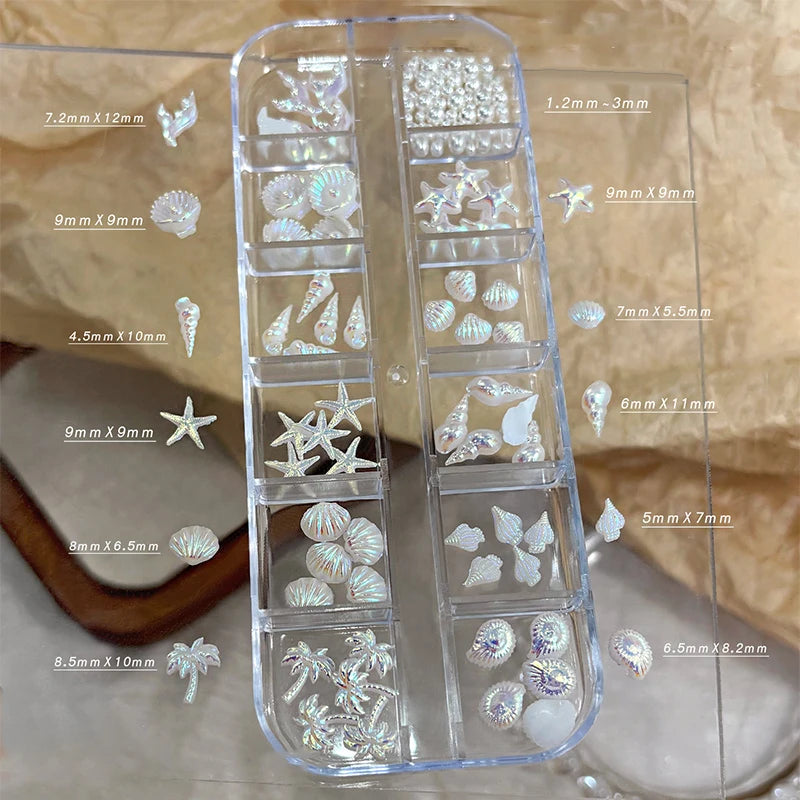 12-Grid Ocean 3D Nail Charms – Shells, Starfish & Mermaid