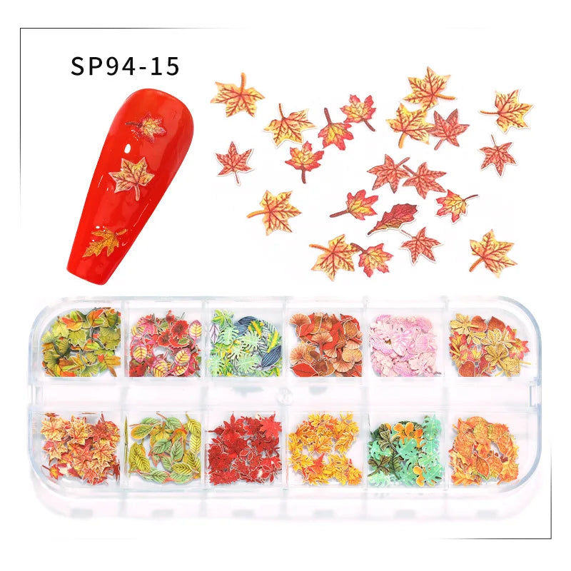 12-Grid Autumn Leaf Nail Sequins & Floral Charm Decoration Set