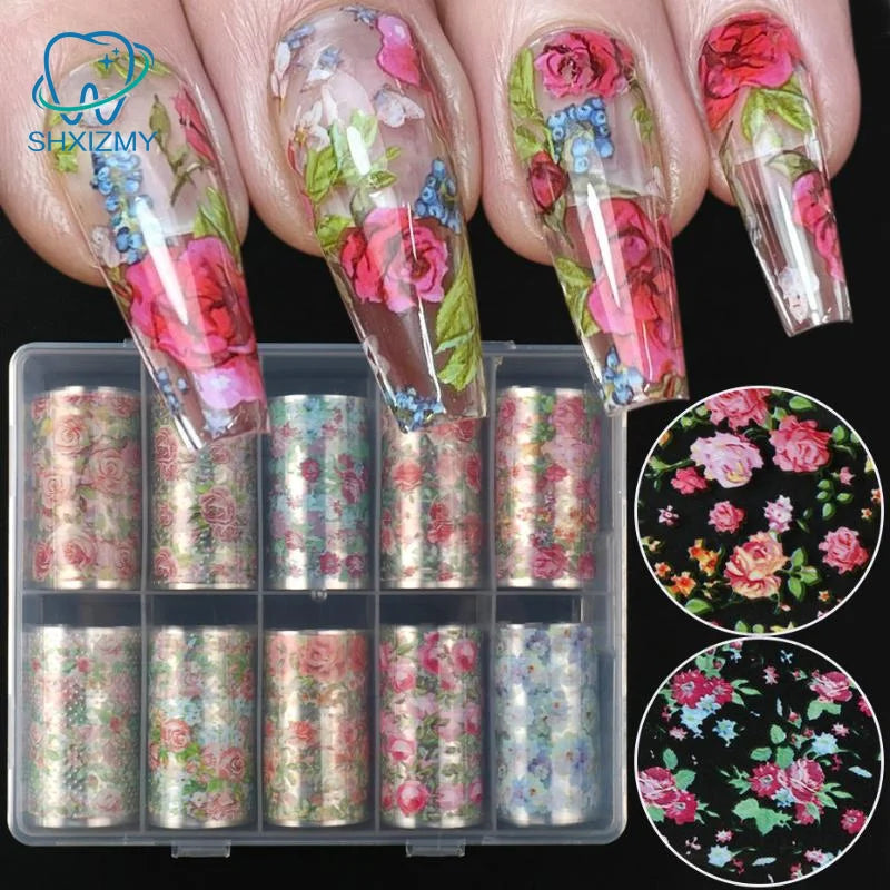 Nail Foils 10 Rolls Flower Rose Transfer Paper DIY Manicure