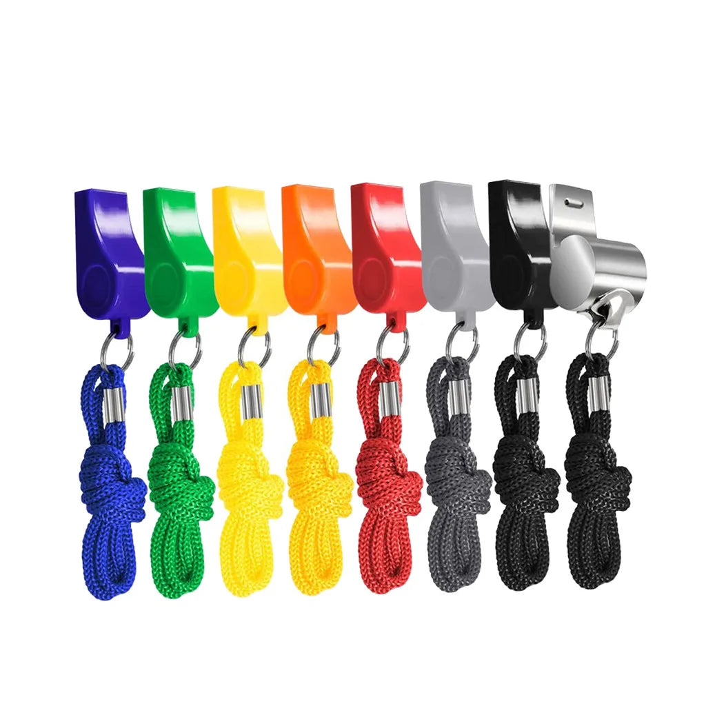 8-Pack Stainless Steel Referee Whistles with Keychain & Lanyard