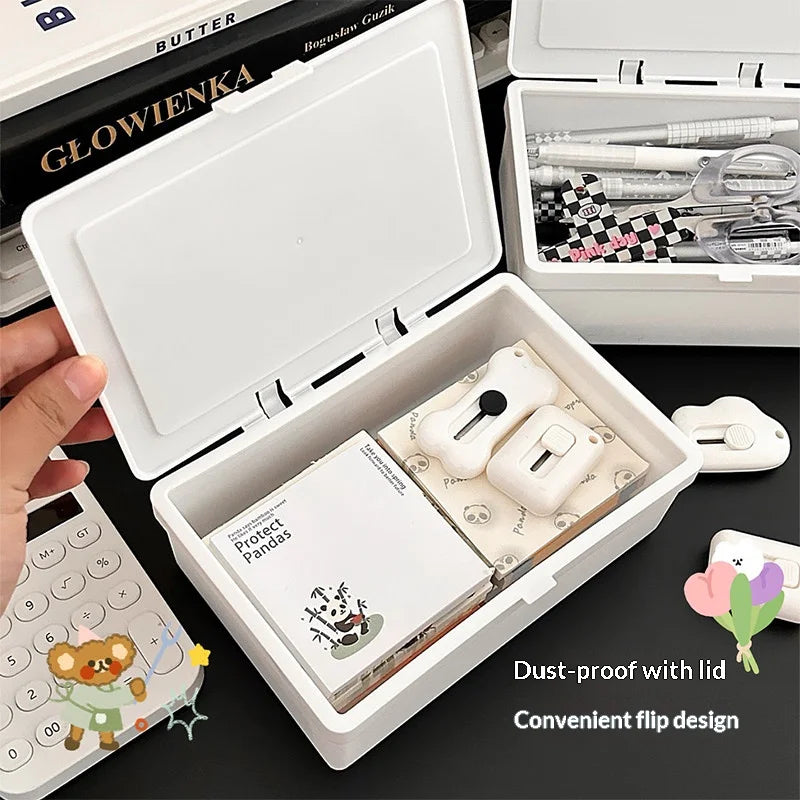White Flip-Top Plastic Storage Box – Desk Organizer