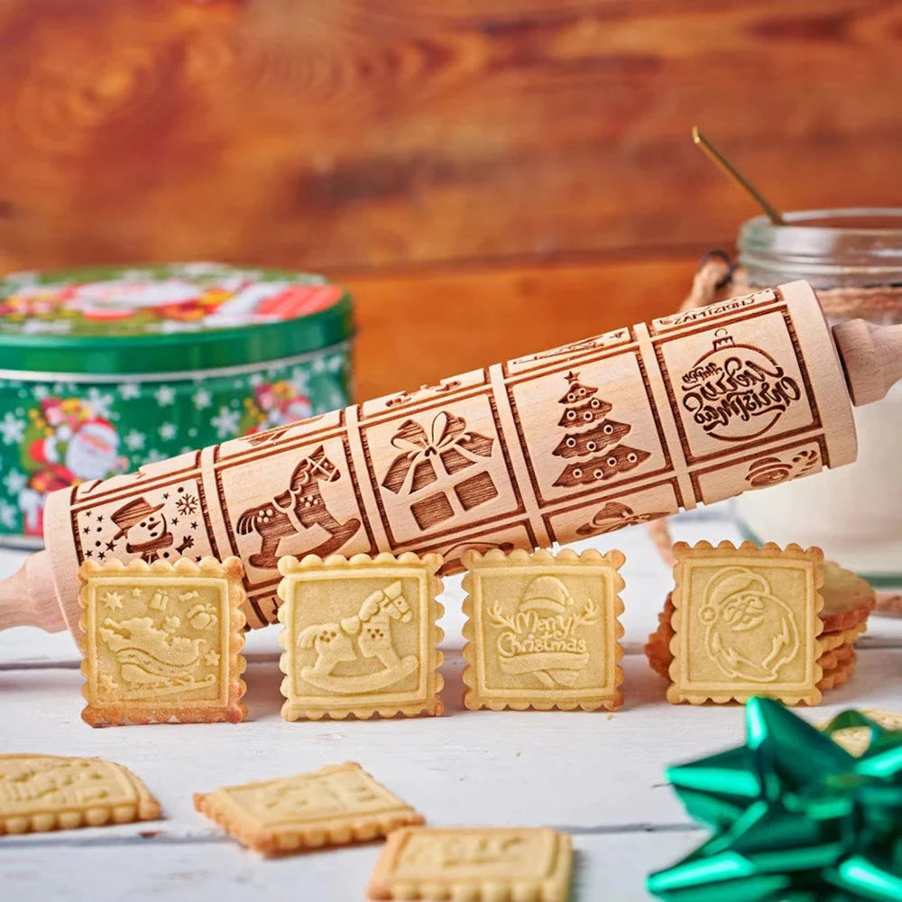 Arjmide 20-Grid Christmas Embossed Wooden Rolling Pin 13.7"