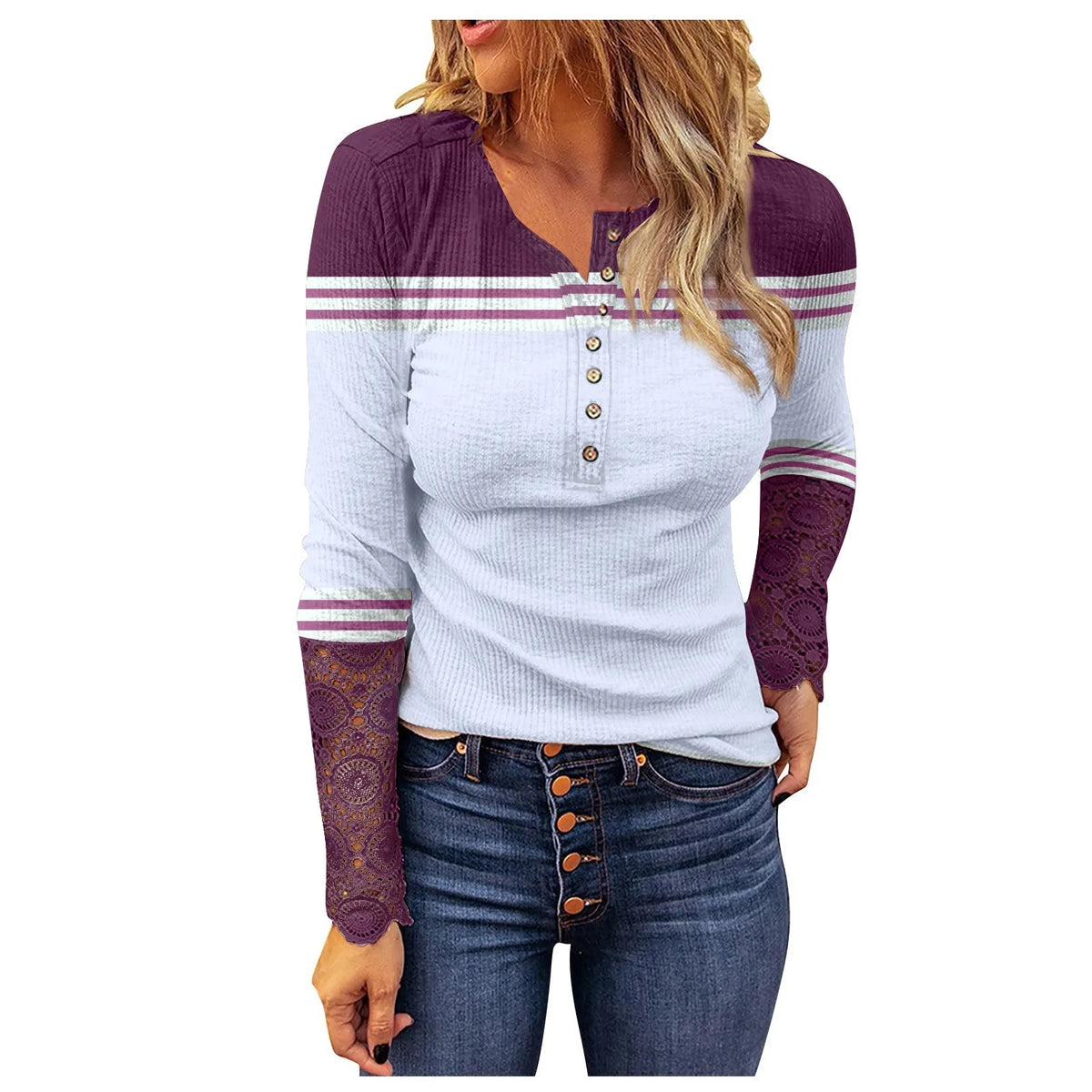 Women's Striped Henley Shirt – Long Sleeve Loose Tunic Blouse