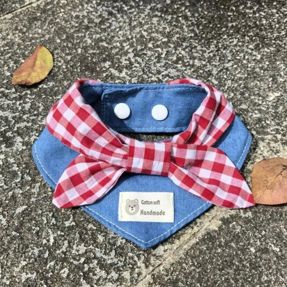 Soft Dog Bandana Red Plaid Bow Tie Triangle Bib XS–L