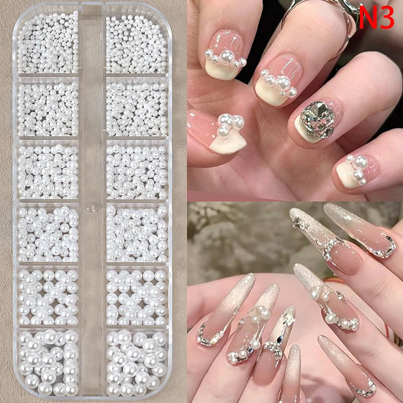 12-Grid 3D White Pearl Nail Charms – Mixed Beads Nail Art Set
