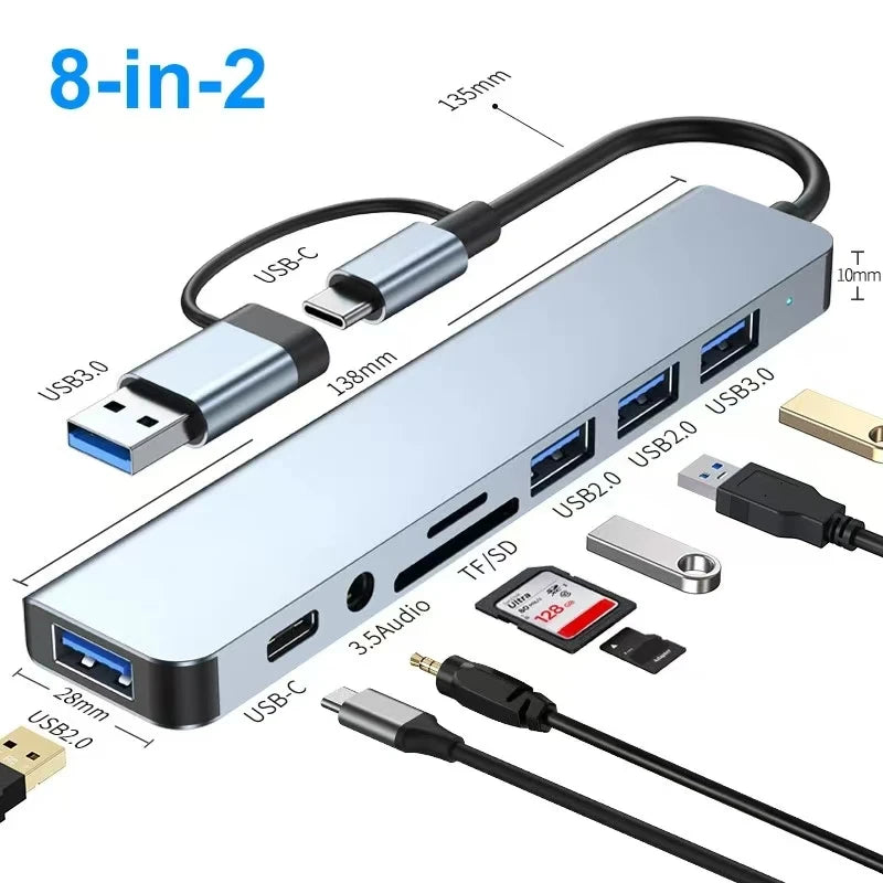 8-in-2 USB Hub Docking Station – USB-C, 3.0, SD/TF Card Reader
