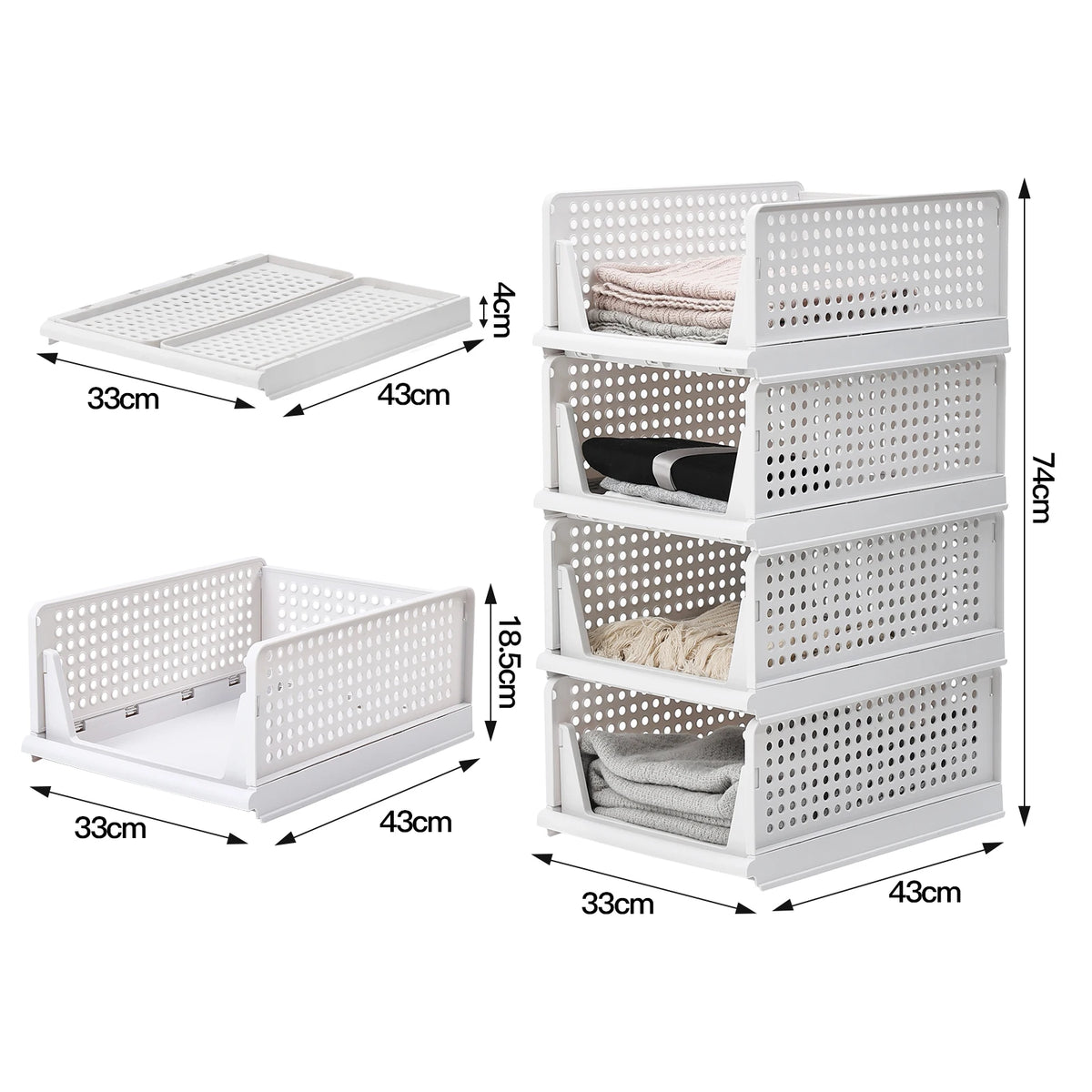 4-Pack Stackable PP Pull-Out Wardrobe Organiser Drawers