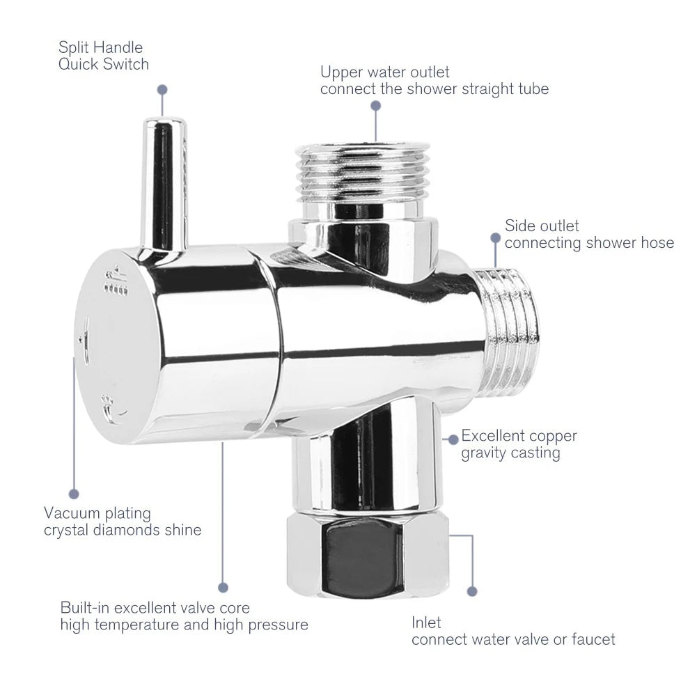 3-Way Shower Head Diverter Valve G1/2 Chrome Switch Adapter