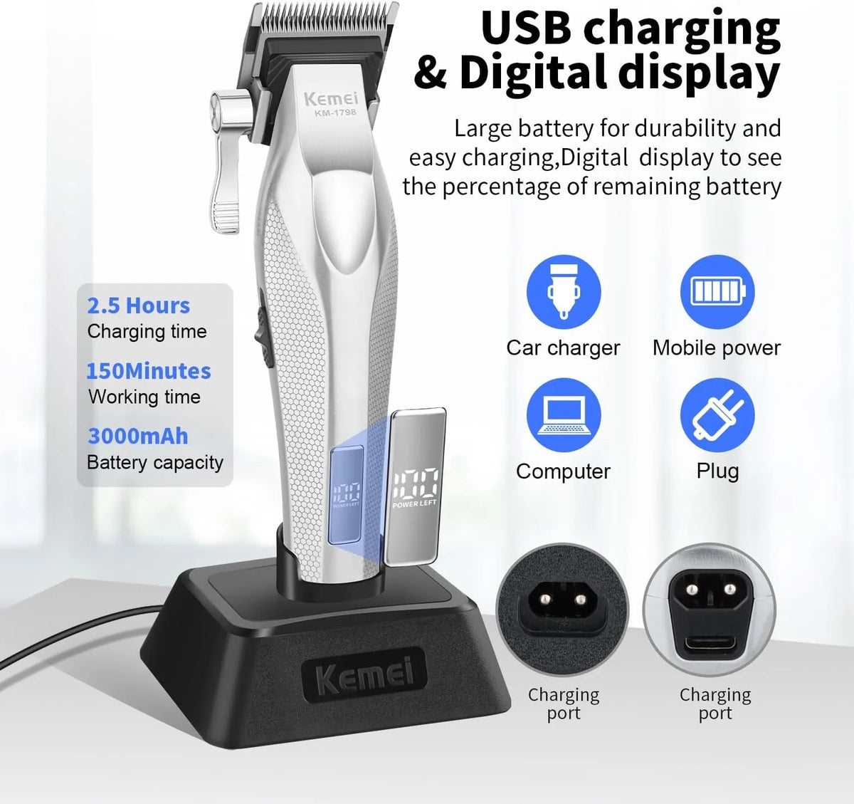 Kemei KM-1798 Cordless Hair Clipper 3000mAh for Men