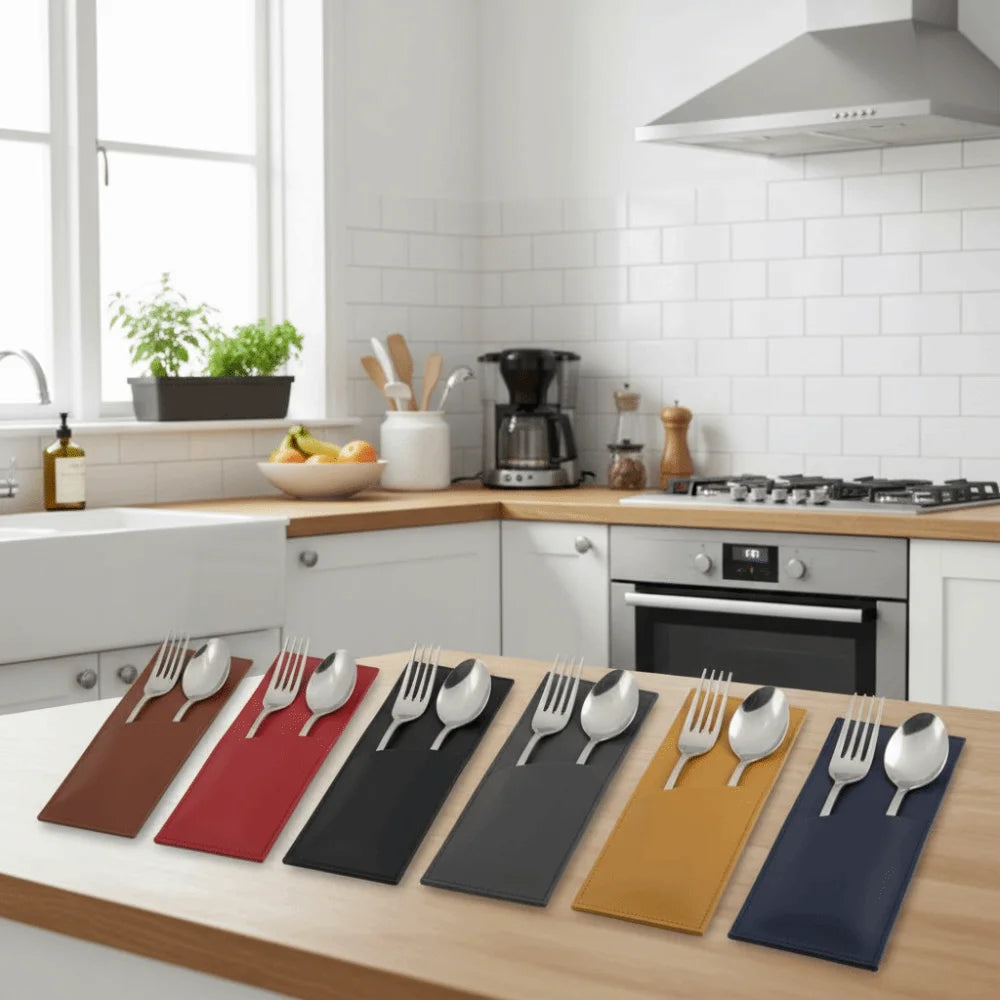 PU Leather Cutlery Pouch – Reusable Flatware Storage Sleeve