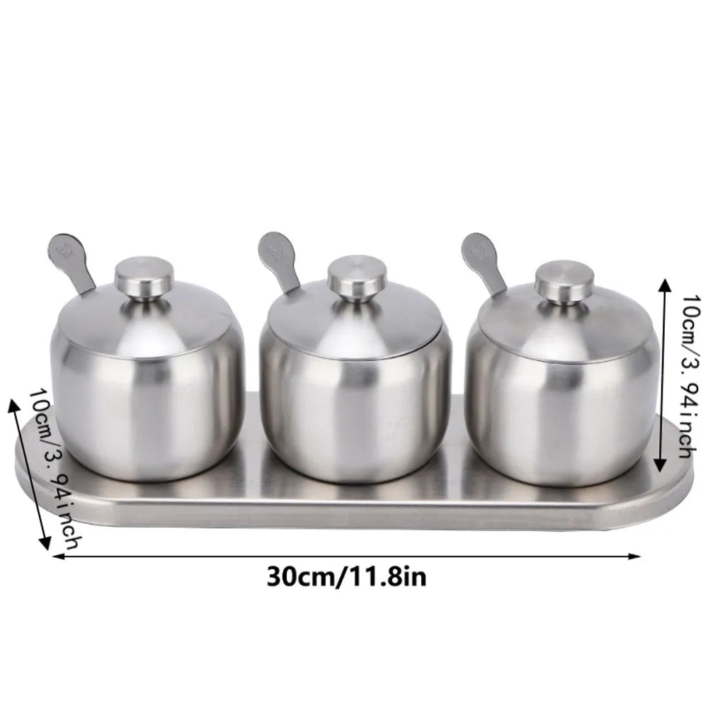 304 Stainless Steel Seasoning Pot Set with Lid & Spoons 300ml