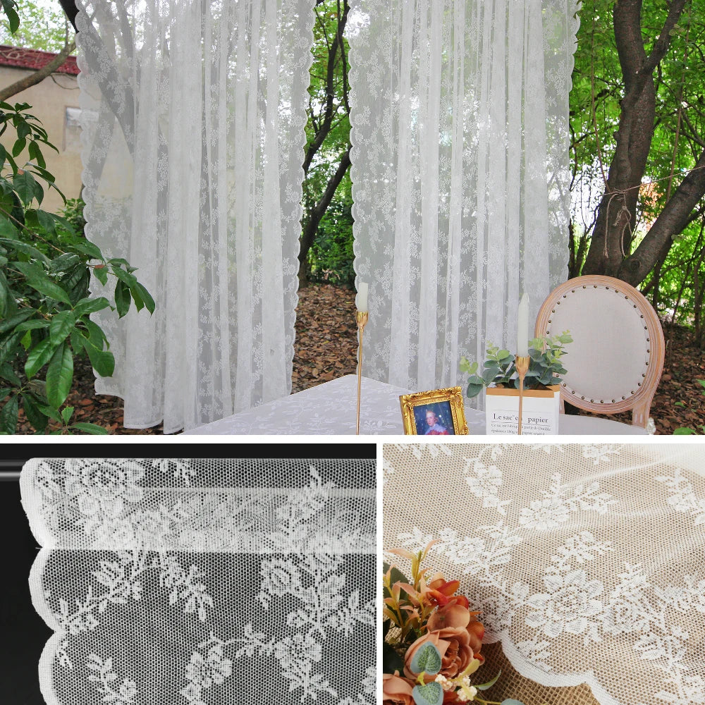White Floral Lace Sheer Curtains Rod Pocket Voile Drapes