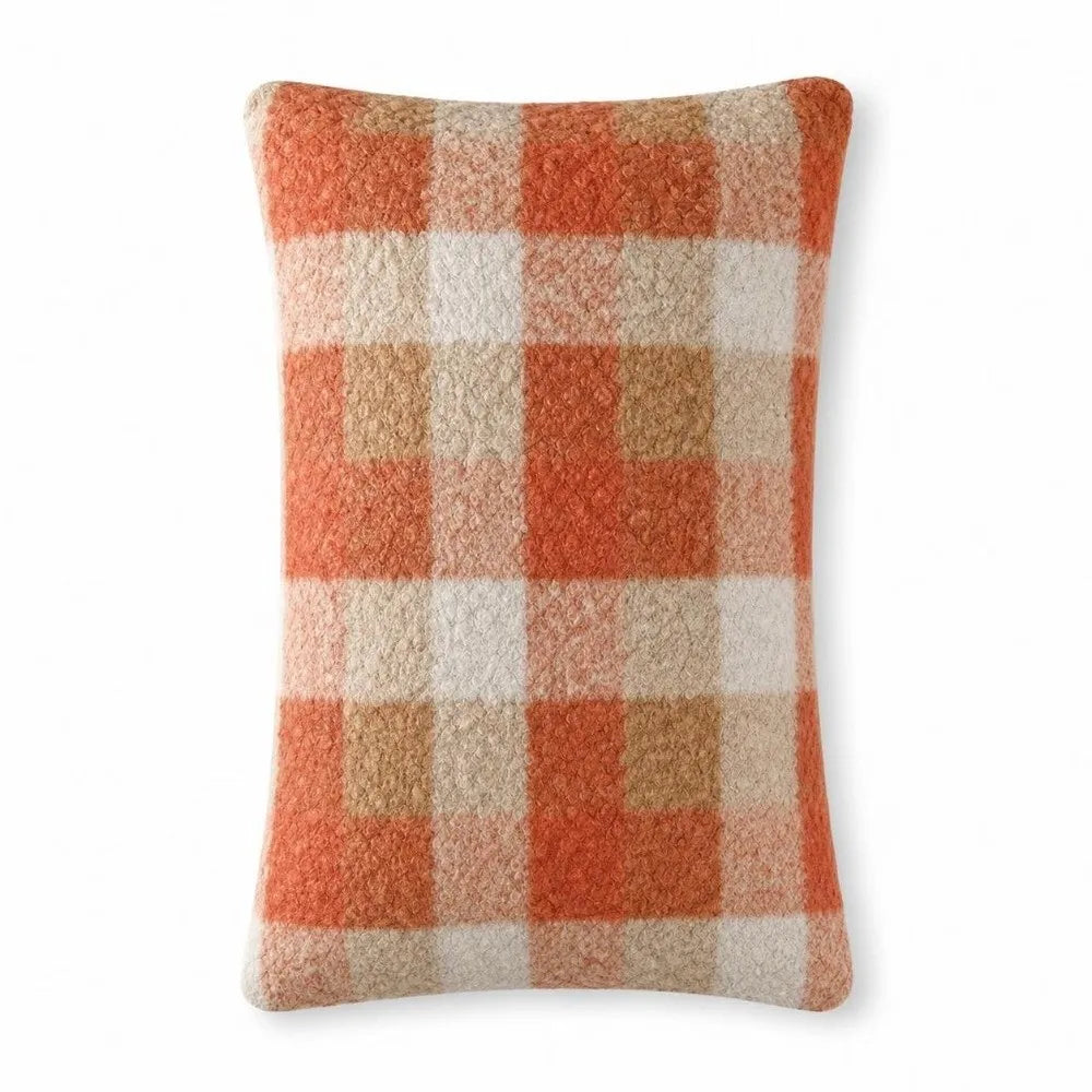 Plaid Plush Throw Pillow Cover 18x18 – Orange Red Boucle