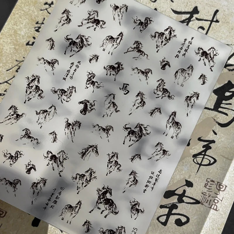 Ink Painting Horse Nail Art Stickers – Black & White Decals