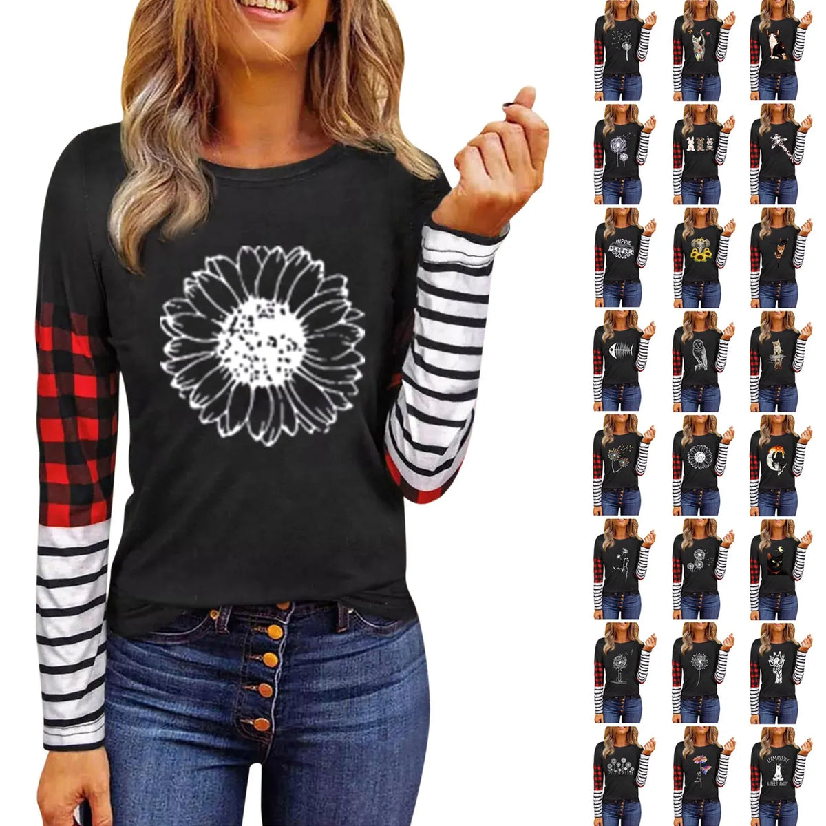 Women's Striped Plaid Long Sleeve Casual Blouse Top