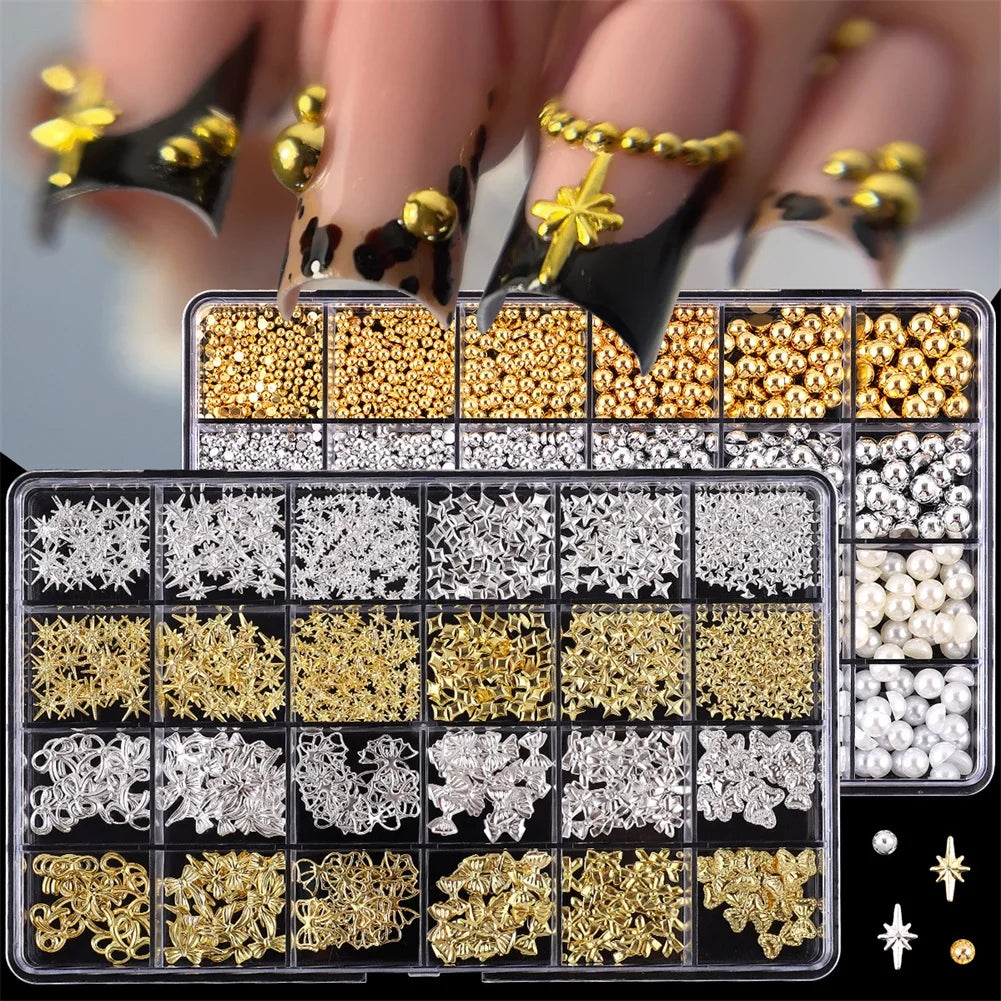 12-Size 3D Nail Art Rhinestones & Studs Set – Gold & Silver