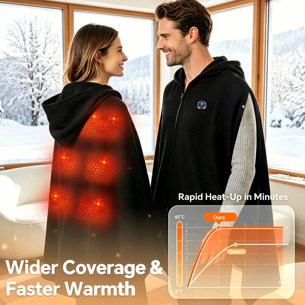 Wearable Heated Blanket Shawl – Graphene Hooded Poncho USB
