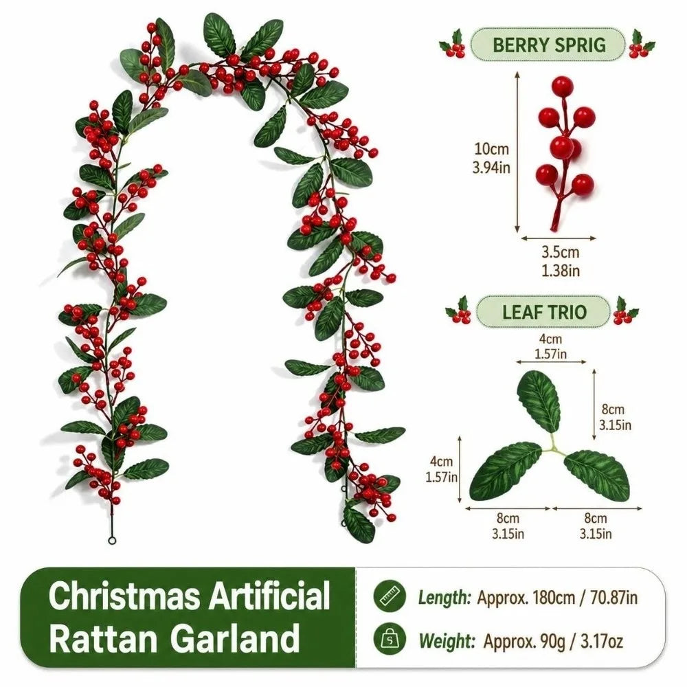 180cm Christmas Berry Garland – Artificial Holly Vine Wreath