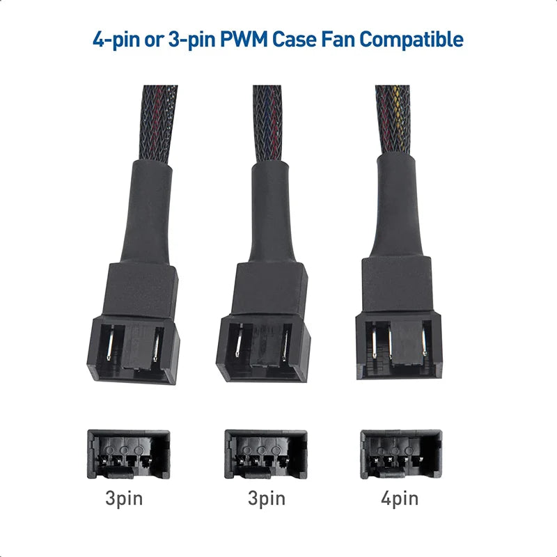 3/4 Pin PWM Fan Splitter Cable 1 to 3 Ways – Black Sleeved