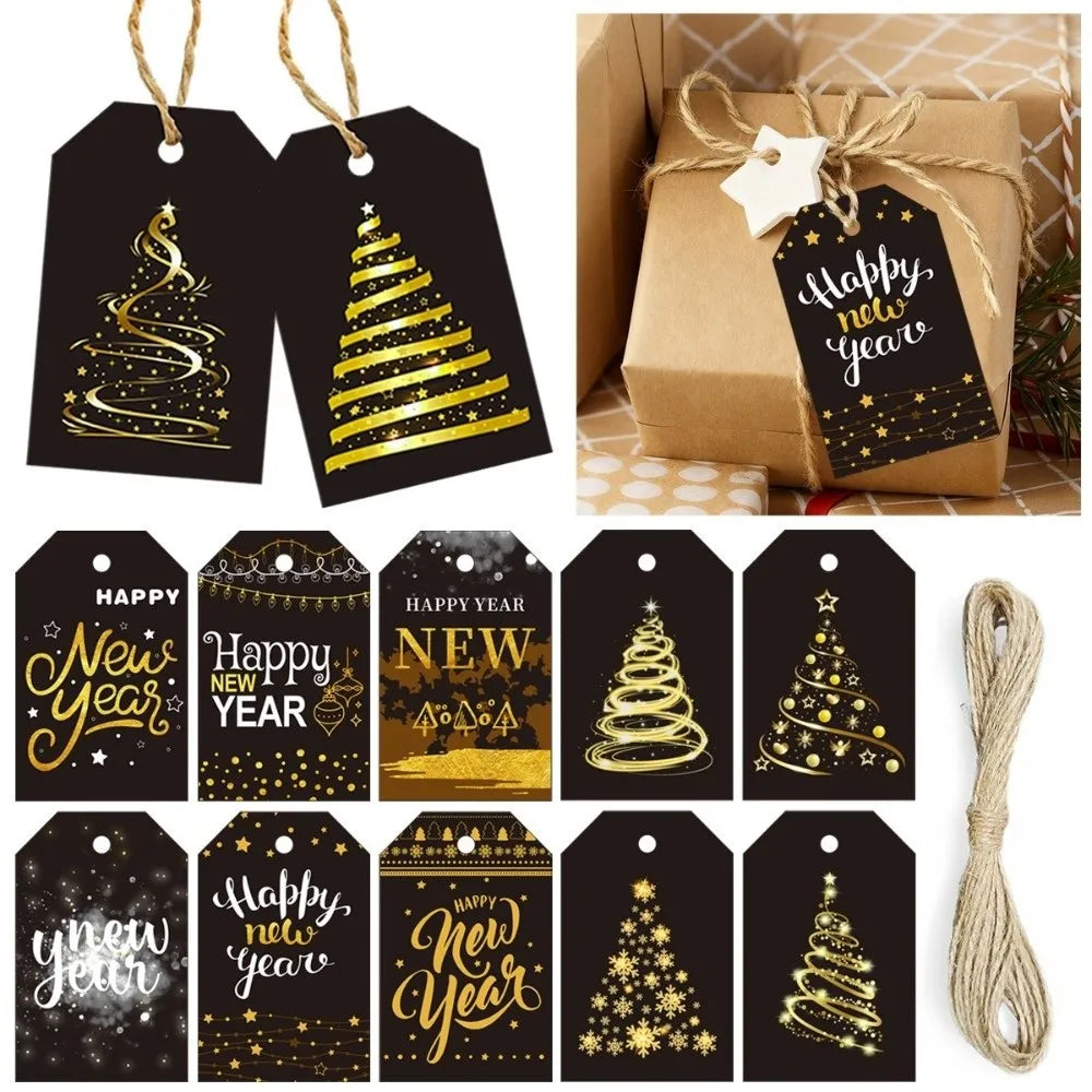 24pcs Black Gold Christmas Gift Tags with Hemp Rope