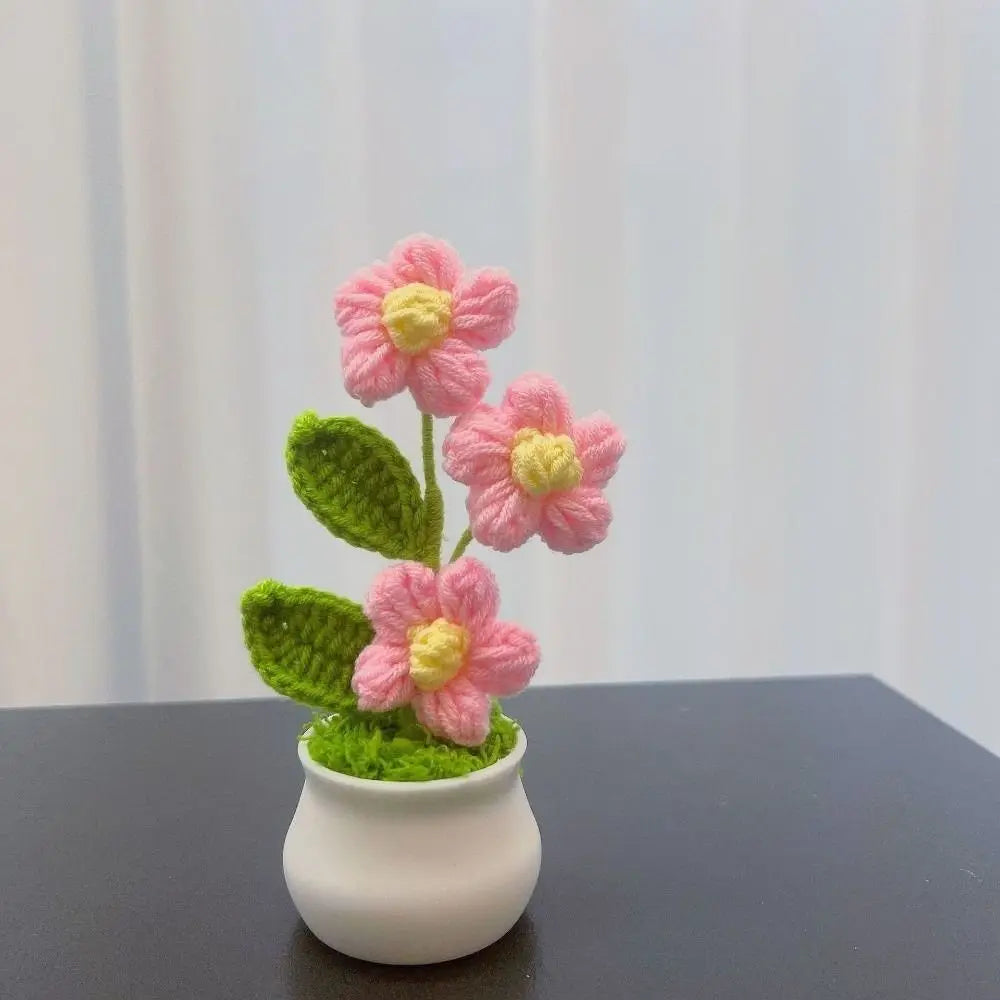 Mini Handwoven Crochet Rose Flower Pot – Decorative Gift