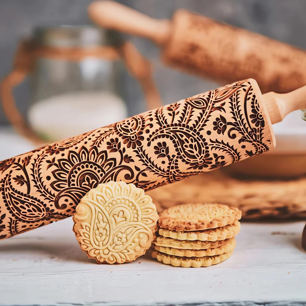Tree of Life Embossed Wooden Rolling Pin – 3D Cookie Baking
