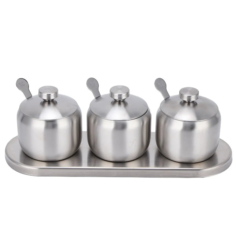 304 Stainless Steel Seasoning Pot Set with Lid & Spoons 300ml