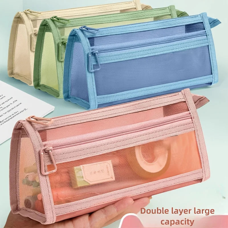 Morandi Mesh Pencil Case Double-Layer Zipper Pouch & Makeup Bag