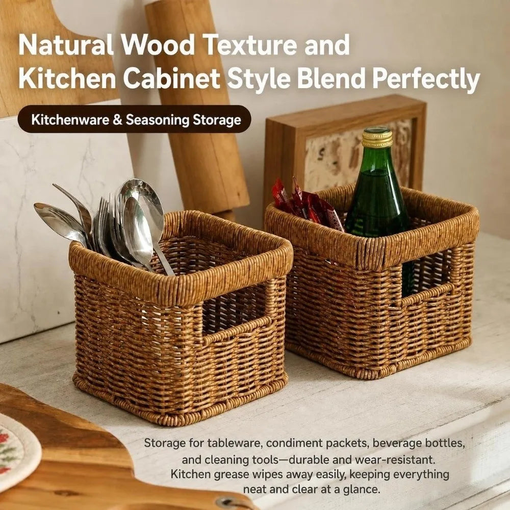 Handwoven Rattan-Style Plastic Wicker Storage Basket Organizer