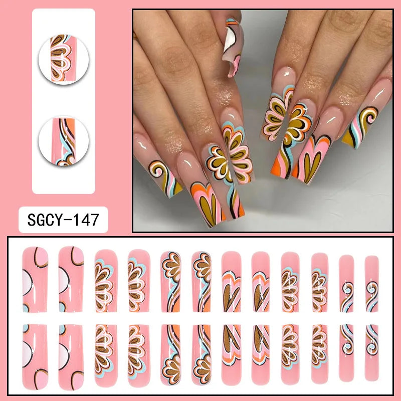 24Pcs Press On Nails with Glue – Long Acrylic False Nail Tips