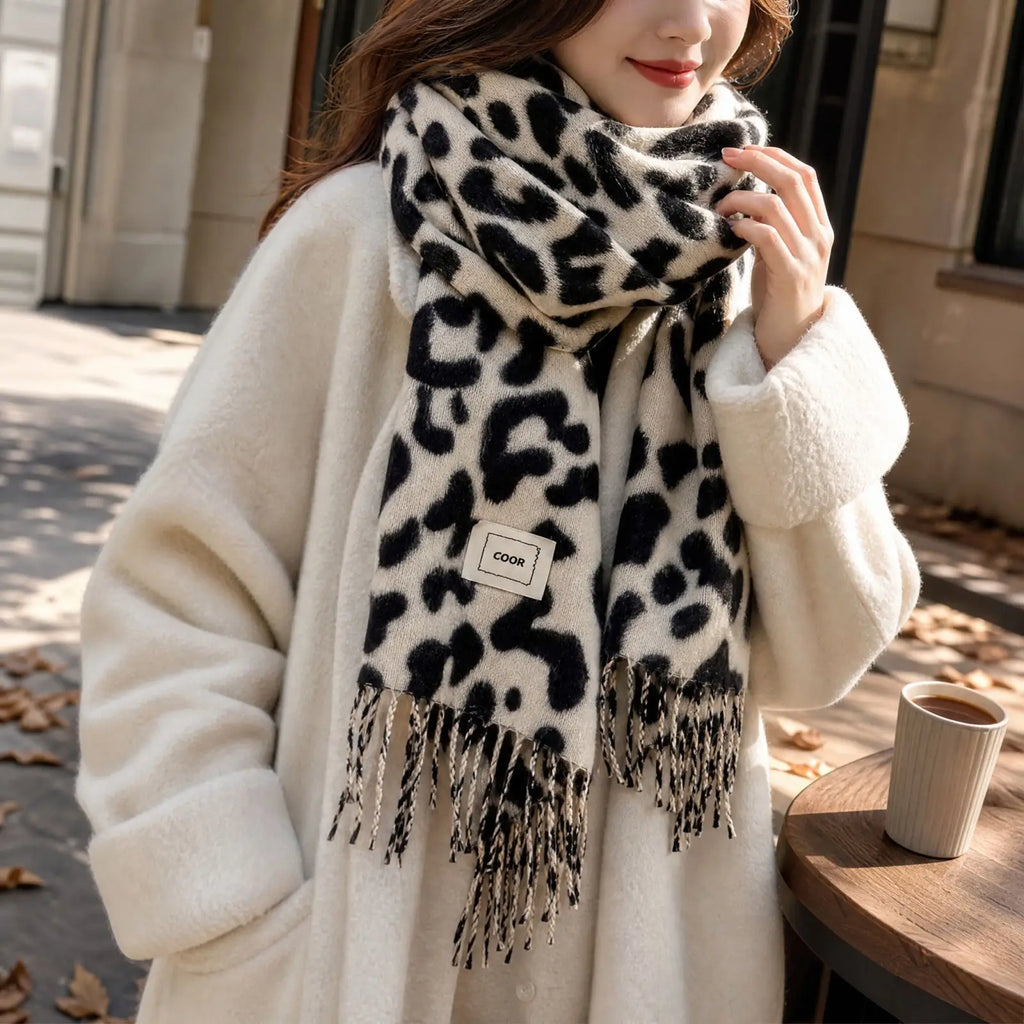 Women's Leopard Print Winter Scarf Shawl with Tassels